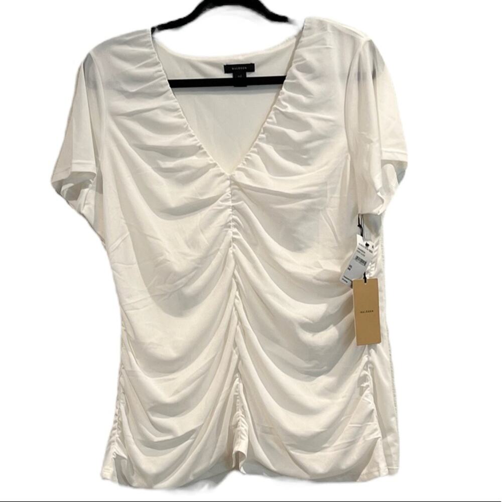 Halogen Women White Ruched Short Sleeve Top Size XXL Minimalist Chic Classiccore